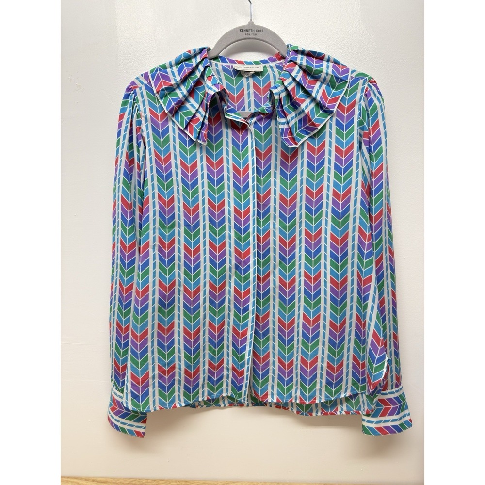 Vintage Evan Picone Ruffle Collar Blouse Geometric Rainbow Pattern Size 10‎ #34